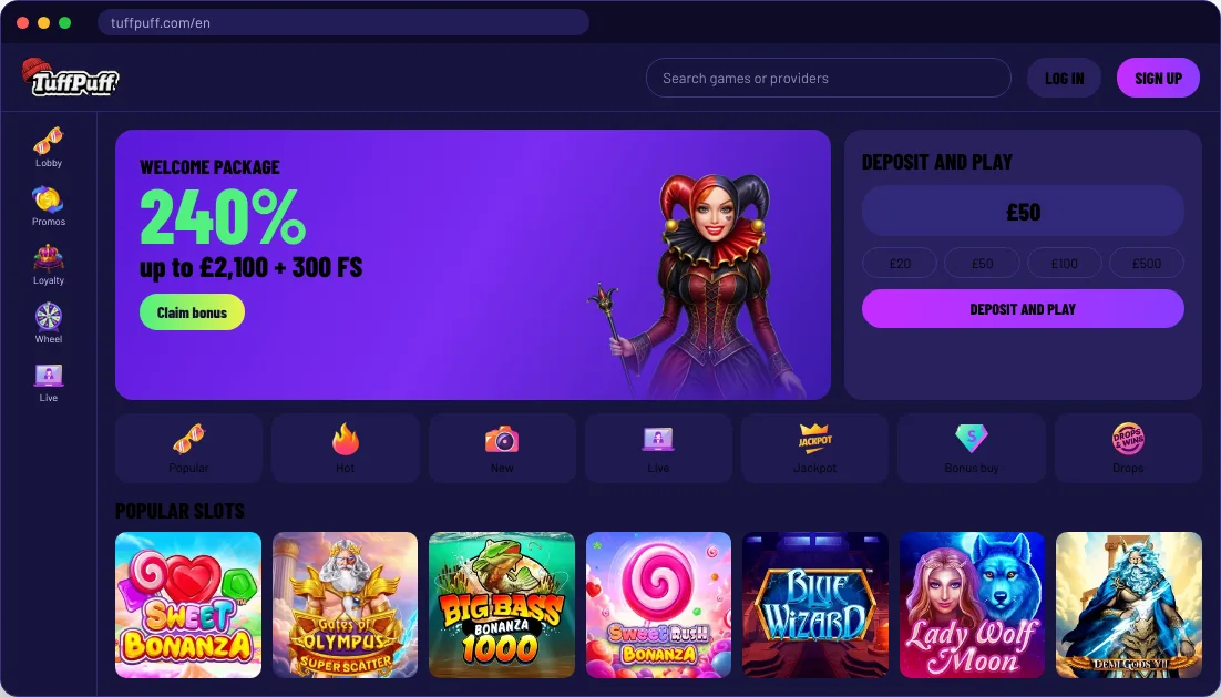 Slot lobby screen of TuffPuff casino on desktop